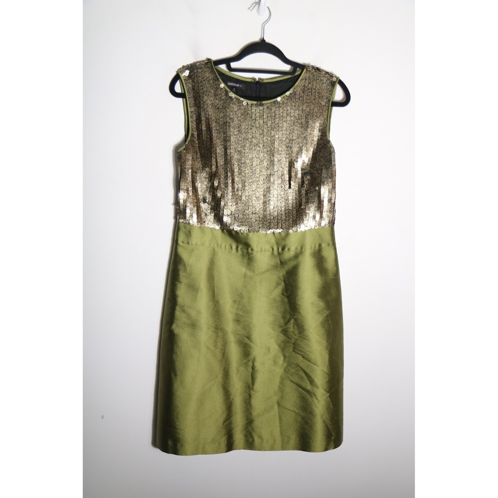 Lafayette 148 Sequin Silk A Line Dress Womens 8 Green Metallic High Neck Party